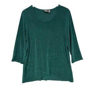 Chicos Travelers Shirt 2 Womens 12 Green Slinky Knit 3/4 Sleeve Crossover Hem